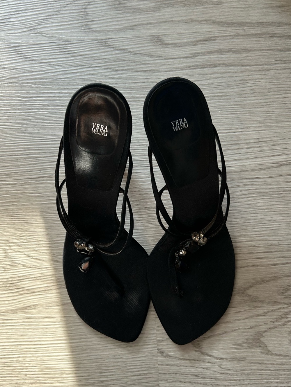 Vera Wang Black Strappy Jeweled Thong Heels